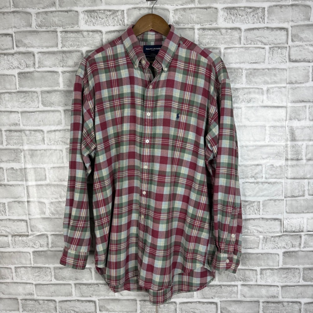 Ralph Lauren Golf Tilden Plaid Button Down Shirt Mens Large Burgundy Green LS